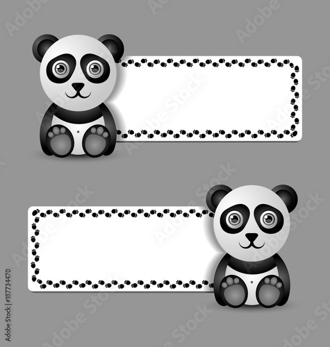 Fototapeta Naklejka Na Ścianę i Meble -  Cute and funny panda character with banner isolated on grey background