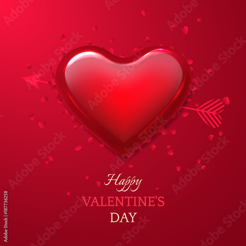 Vector romantic greeting card with title Happy Valentine's day with glass heart, arrow and confetti. Red holiday background for design of flyers and invitations.