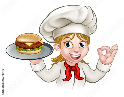 Chef Woman Cartoon Character Holding Burger