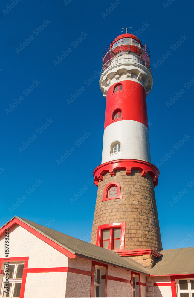 Colonial-era lighthouse in Swakopmund (Mouth of the Swakop), at the edge of Namib desert on the Atlantic ocean coast of western Namibia, capital of the Erongo district.