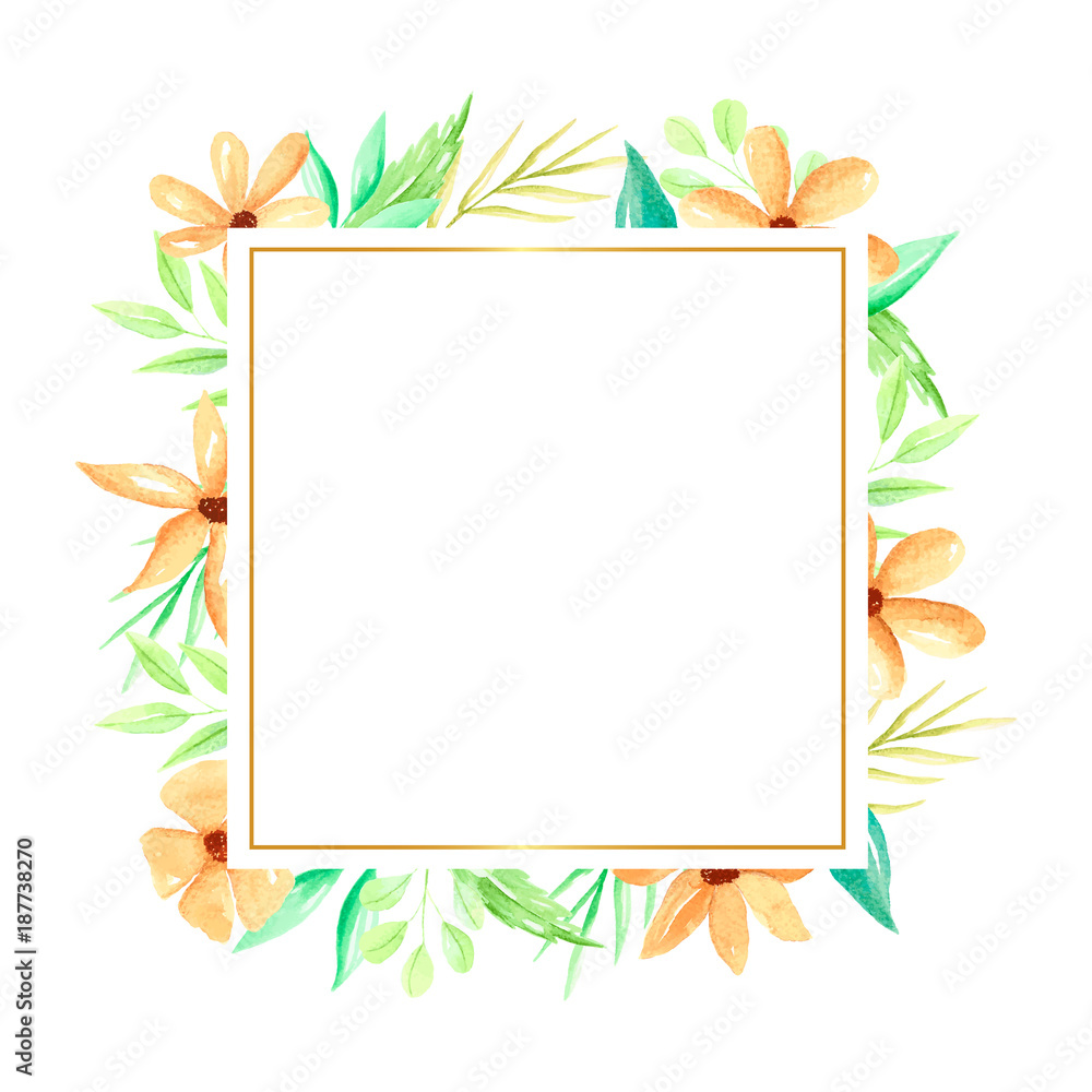 Square frame with hand drawn watercolor flowers and leaves, orange watercolor flowers frame. Hand drawn illustration. Square frame with hand drawn watercolor flowers and leaves, orange watercolor flowers frame. Hand drawn illustration.