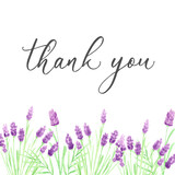 Thank you card template with hand drawn purple watercolor flowers, illustration, wedding.