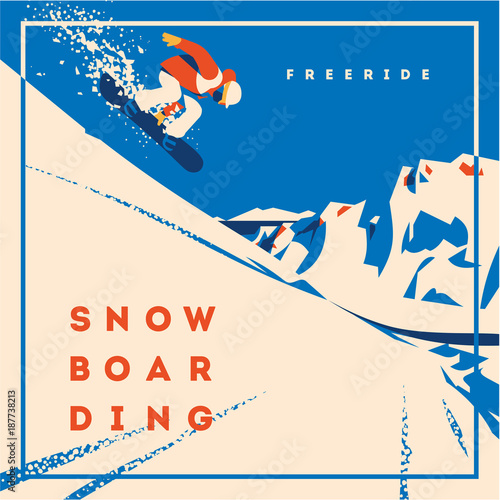Freeride snowboarder in motion. Sport poster or emblem