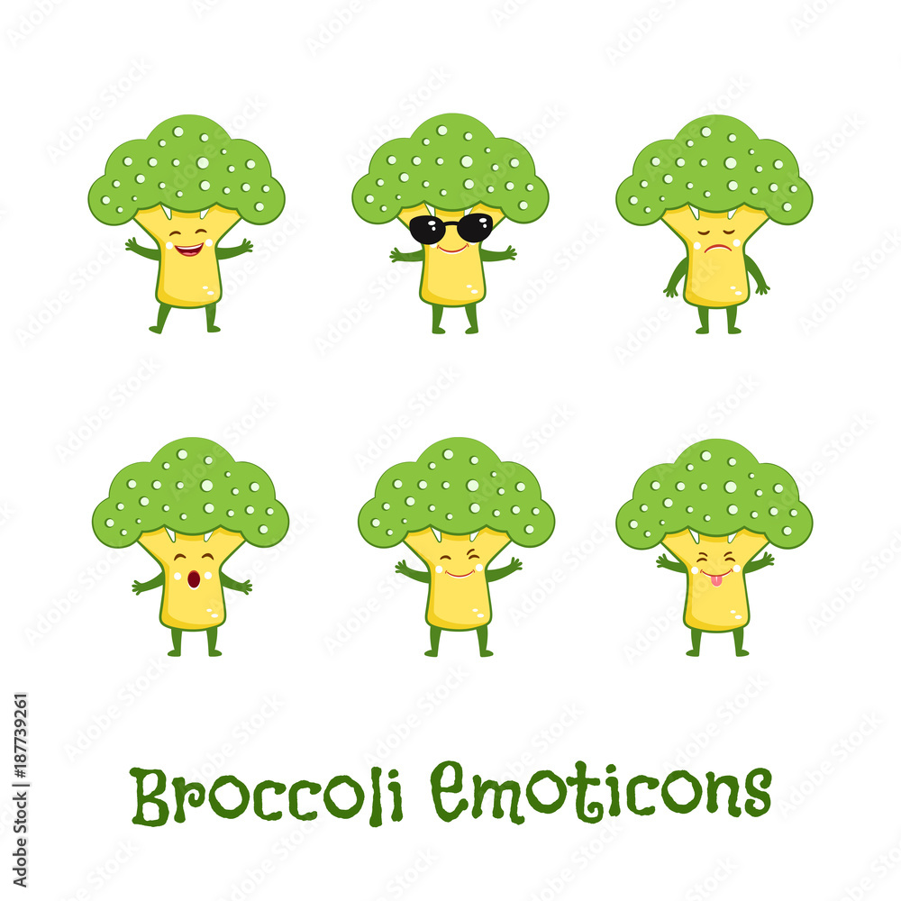 Broccoli smiles. Cute cartoon emoticons. Emoji icons Stock Vector