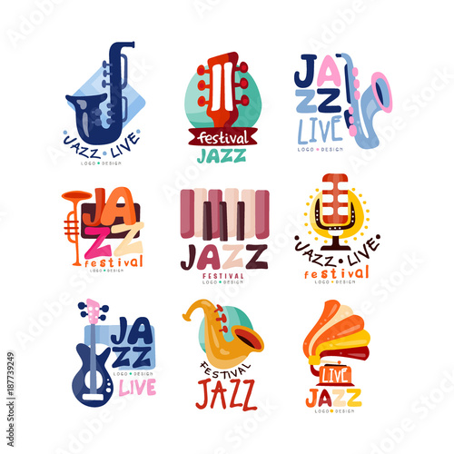 Logos set for jazz festival or live concert. Musical event labels or emblems with guitar, saxophone, retro gramophone, trumpet. Vector collection.