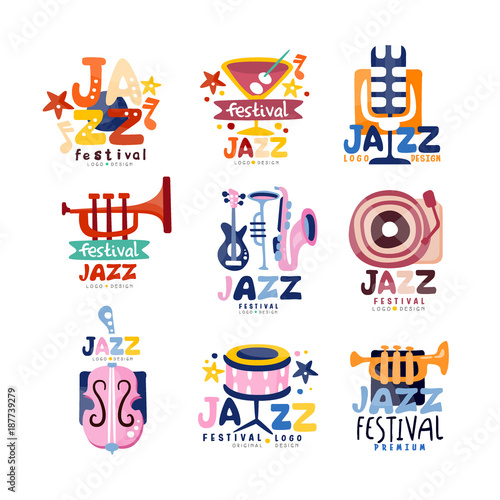 Colorful logos set for jazz festival or live concert. Emblems with guitar, saxophone, retro player, trumpet, microphone, bass. Hand drawn vector collection.