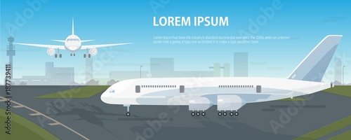 Colorful horizontal banner with airplanes parked on runway and flying in sky against airport building on background. Descending and landed aircrafts and place for text. Modern vector illustration.