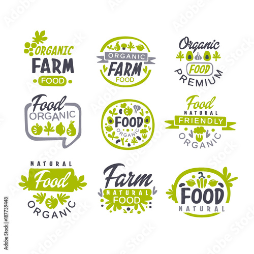 Creative hand drawn gray and green design of organic food logo set. Fresh farm products. Labels for shop or market. Vector collection