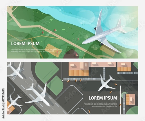 Set of horizontal banners with airplanes flying above seashore and taxiing and taking off on airport runway. Passenger aircrafts and place for text. Modern colorful vector illustration in flat style.
