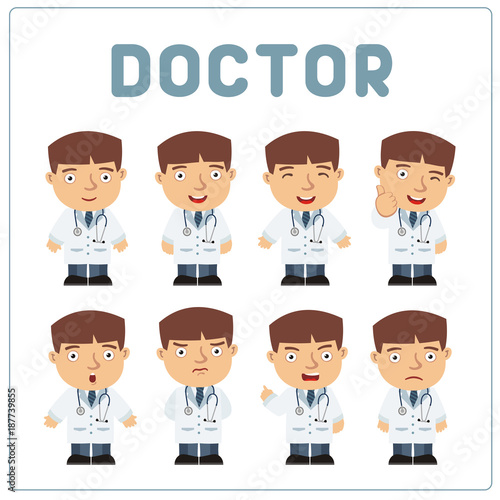 Set of doctor in various poses and emotions. Collection of isolated doctors in cartoon style on white background.