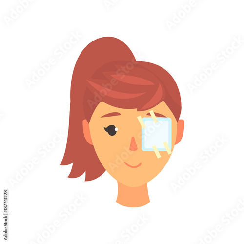 Young woman with medicine plaster patch on her eye, ophthalmology concept cartoon vector Illustration