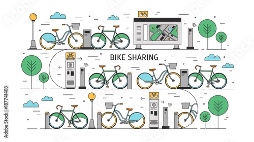 Bicycles available for rent parked at docking stations on city street, payment terminals, map stand and trees. Concept of public bike sharing scheme. Colorful vector illustration in line art style.