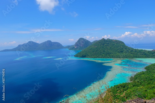 The majestic view of corals reef and islands seen from the top of mountain at Bohey Dulang Island  Sabah  Malaysia.