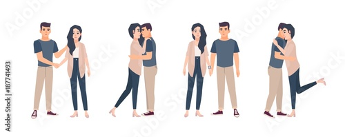 Collection of young couple standing in various poses. Bundle of man and woman embracing, hugging, holding hands. Set of flat cartoon characters isolated on white background. Vector illustration.