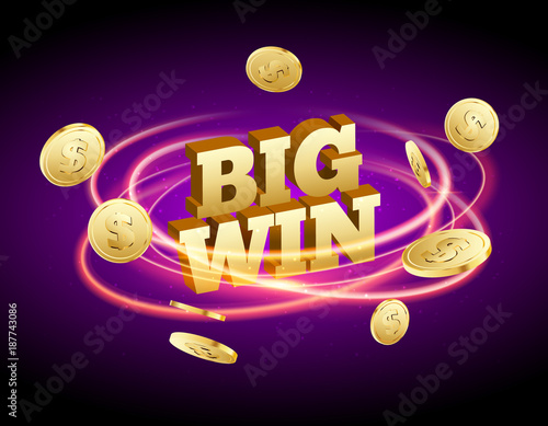 Biw win gold design prize for casino jackpot. Luck game banner for poker or roulette. Winner prize sign coins