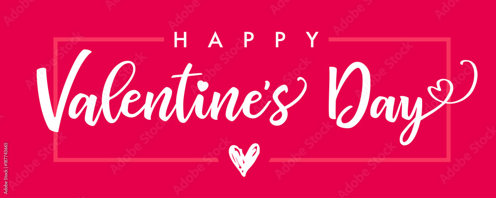 Lettering Happy Valentines Day banner pink. Valentines Day greeting card template with typography text happy valentine`s day and red heart and line on background. Vector illustration - obrazy, fototapety, plakaty 