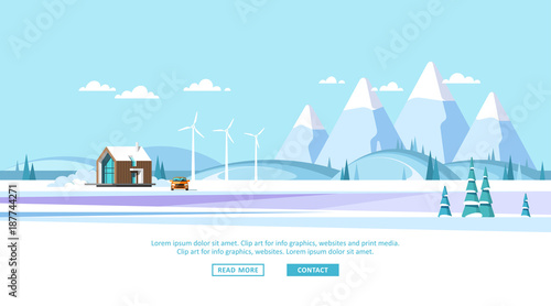 Winter rural landscape background with modern family house. Vector illustration.