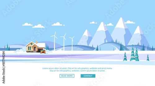 Winter rural landscape background with traditional family house. Vector illustration.