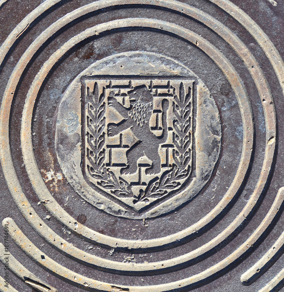 Lion of Jerusalem, symbol on a manhole cover in Jerusalem (Israel)