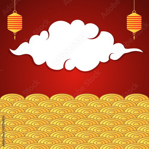 Chinese red and golden banner with lanterns and cloud