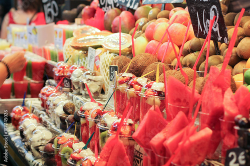 Photography Mixed fruits on market stand in Barcelona