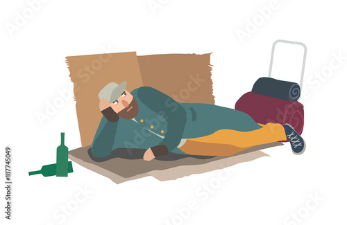 Homeless man dressed in ragged clothes lying on cardboard sheets on ground. Hobo, bum, tramp or vagabond. Person in poverty. Poor male character isolated on white background. Vector illustration.
