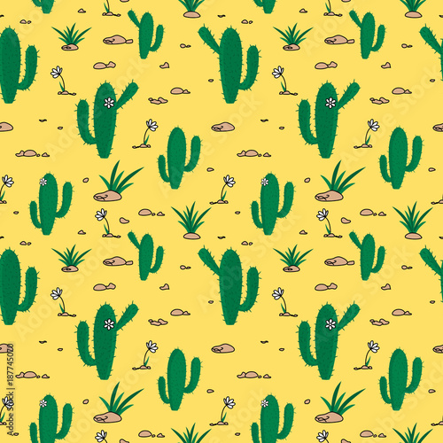 Desert themed seamless pattern with cactus and flowers