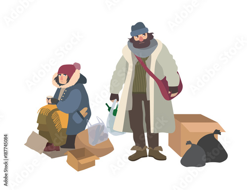 Homeless man and woman begging for money on street. Pair of bums, beggars, vagrants or vagabonds. Poor male and female cartoon characters isolated on white background. Colorful vector illustration.