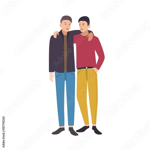 Two young stylish men standing together, looking at each other and embracing. Pair of close friends. Male cartoon characters isolated on white background. Colored vector illustration in flat style.