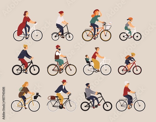 Collection of people riding bicycles of various types - city, bmx, hybrid, chopper, cruiser, single speed, fixed gear. Set of cartoon men, women and children on bikes. Colorful vector illustration.