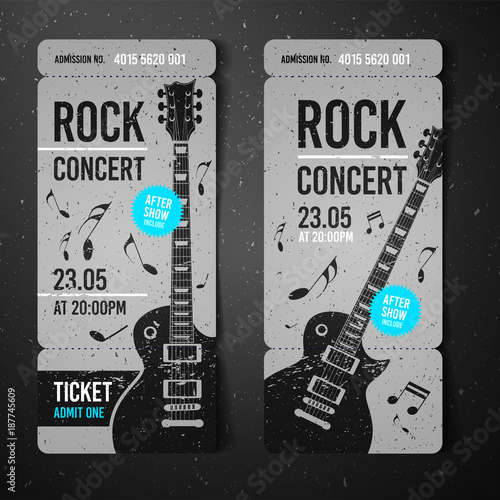 vector illustration black rock concert ticket design template with black guitar and cool grunge effects in the background