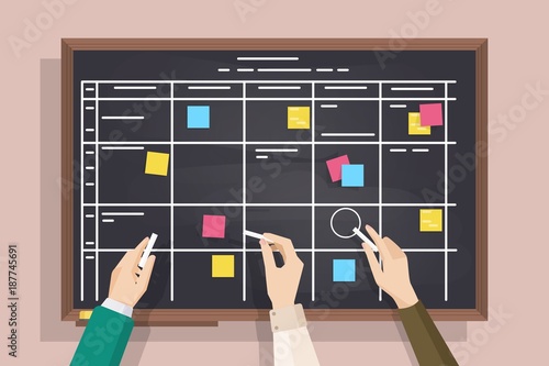 Blackboard with table drawn on it, sticked post-it notes and hands holding pieces of chalk. Board for effective daily planning, scheduling, timetable, to-do list. Colorful vector illustration.