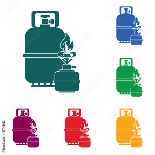 Camping stove with gas bottle icon vector