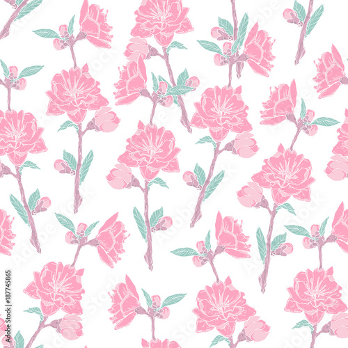 Gorgeous seamless pattern with blooming pink rose on white background. Backdrop with beautiful tender flowers. Colored vector illustration in antique style for wrapping paper, wallpaper, fabric print.