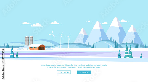Winter rural landscape background. Vector illustration.
