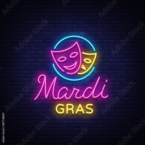 Mardi Grav is a neon sign. Bright glowing banner, luminous sign, bright neon billboard, night neon advertising of carnival. Fat Tuesday Design template, greeting card, flyer. Vector illustration