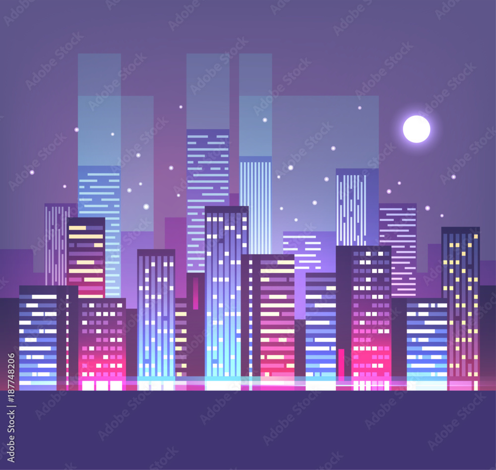 Night city skyline with neon lights. Modern city. Vector illustration ...