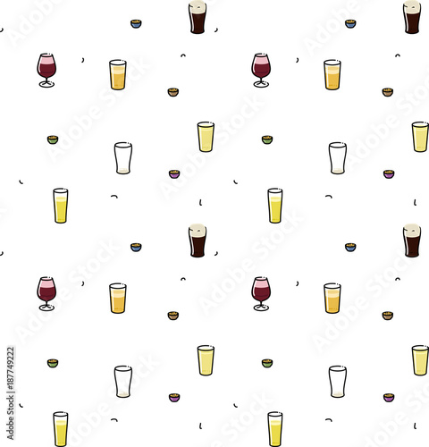 Sorts of beer seamless pattern. German, belgian, irish, american. Craft, stout, lager, wheat, cider, kriek. Isolated on white background line art.