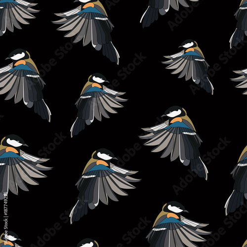little tit bird seamless pattern on a black background