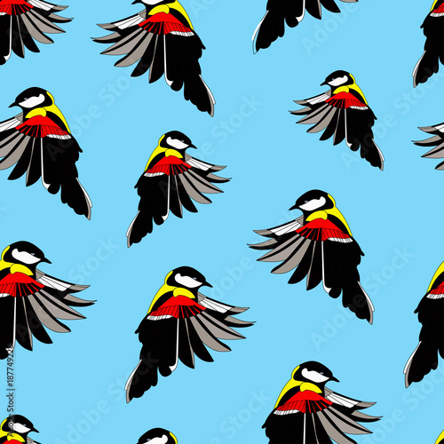 little cute colored birds seamless pattern on a blue background