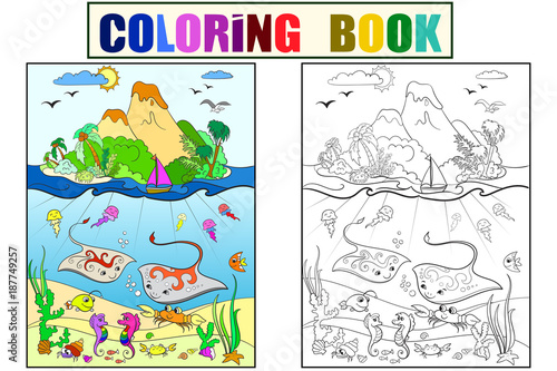 Underwater world with fish, plants, island and caravel coloring for children cartoon vector illustration