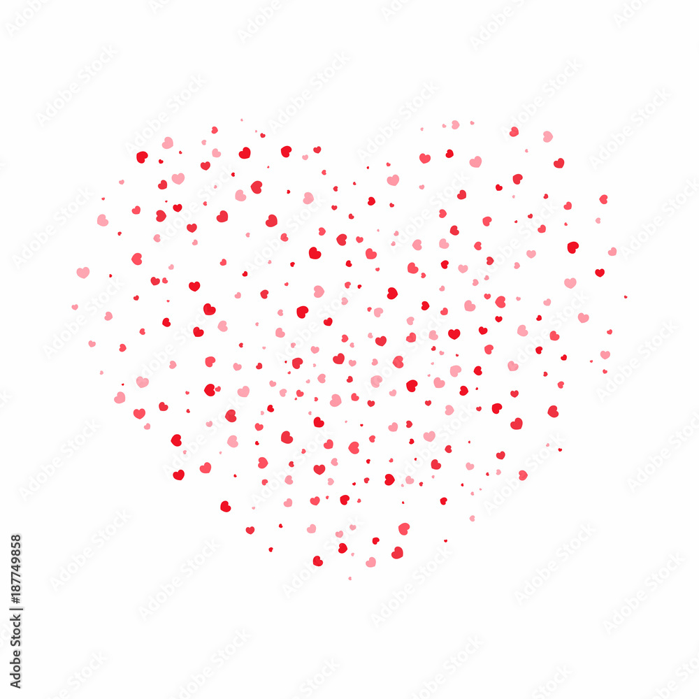 Heart background for Valentine's Day. Red and pink hearts on white background. Romantic banner in heart shape