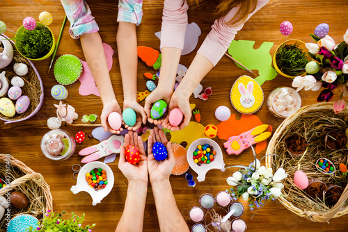 Canvas Print Top view horizontal photo of attractive beautiful colorful easter handmade objec
