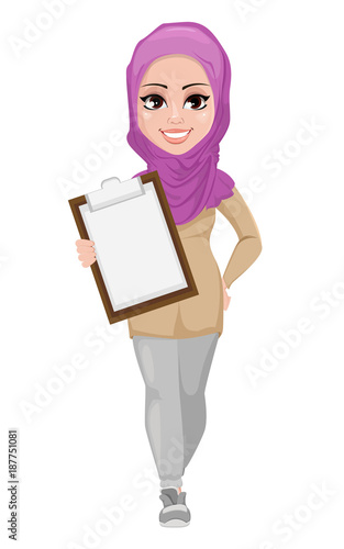 Arabic business woman, smiling cartoon character
