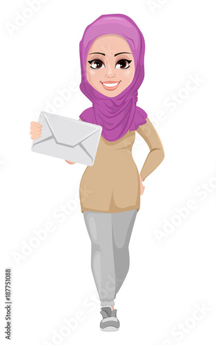 Arabic business woman, smiling cartoon character