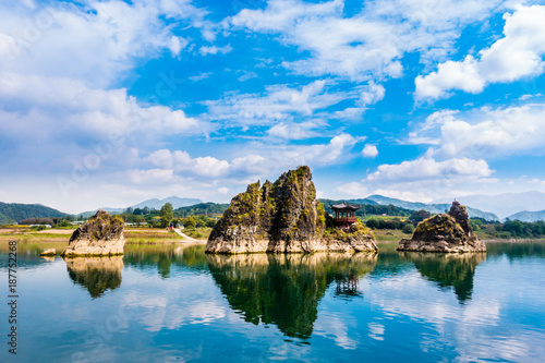 Dodamsambong Peaks are three stone peaks rising out of the Namhangang River. photo