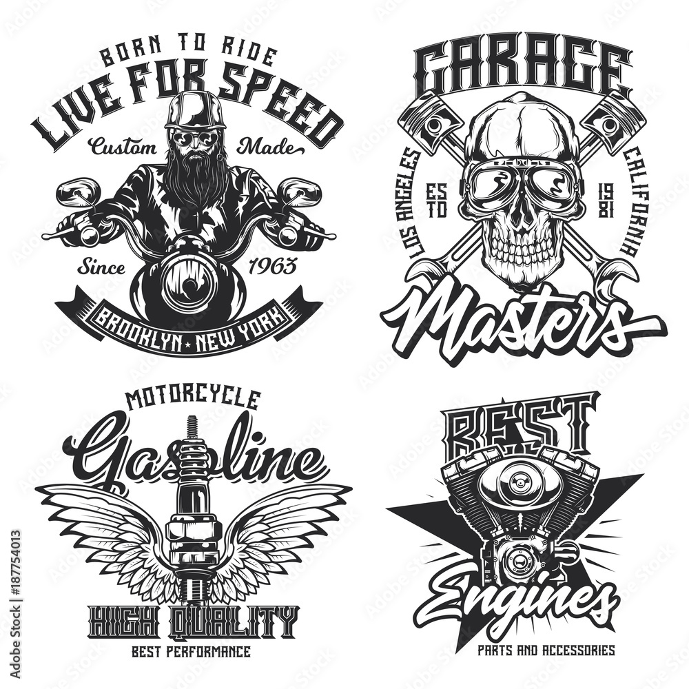 Set of vintage emblems, logos, badges, template with motorcycle, engine ...