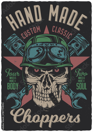 Vintage poster. Motorcycle theme. Skull, pistons and wrenches