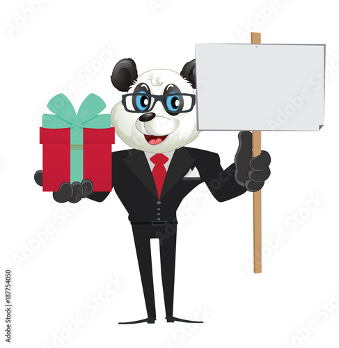 Fototapeta Naklejka Na Ścianę i Meble -  Illustration of cartoon business character panda holding a gift box and a blank placard