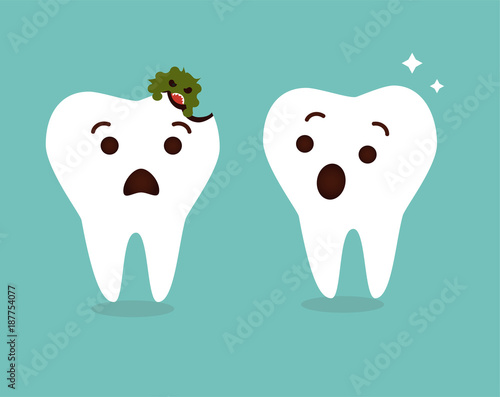 Tooth decay destroyed. Cute cartoon teeth characters vector. Dental care background. Healthy and unhealthy tooth.